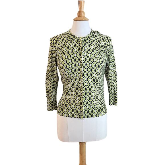 Crown & Ivy Navy & Green Geometric Print Cotton Blend 3/4 Sleeve Cardigan, S - Picture 1 of 12